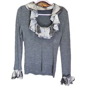 Tory Burch Merino Wool Sweater Size Medium Heather Gray Removable Silk Ruffles